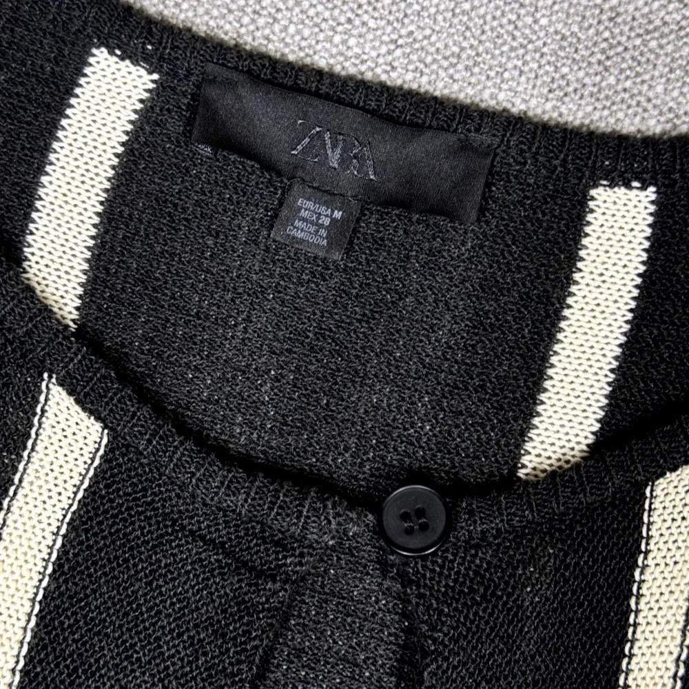 Zara Women Black Cream Striped Linen Blend Knit Tunic Coverup Top Medium Boho